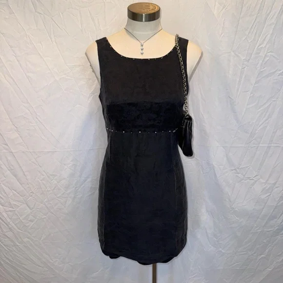 Vintage 90s Black 100% Silk Floral Mini Dress, LBD - Picture 3 of 9